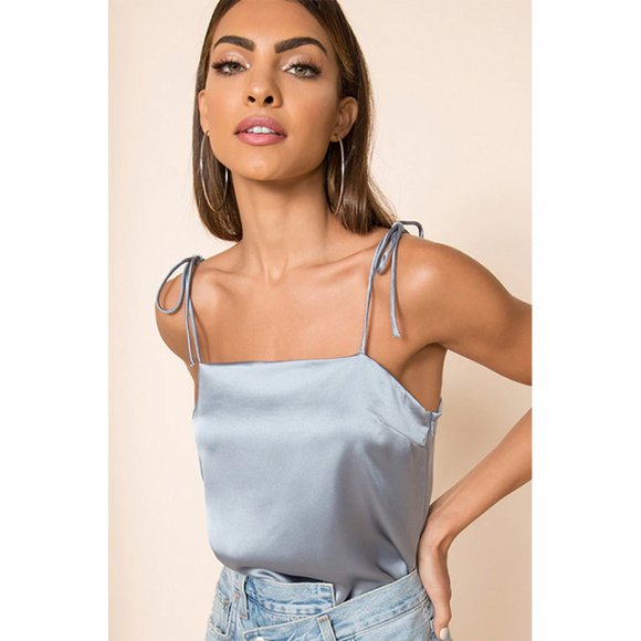 superdown Tops - NWT superdown Angelique Cami Tie Strap Satin Crop Top Dusty Light Blue Small
